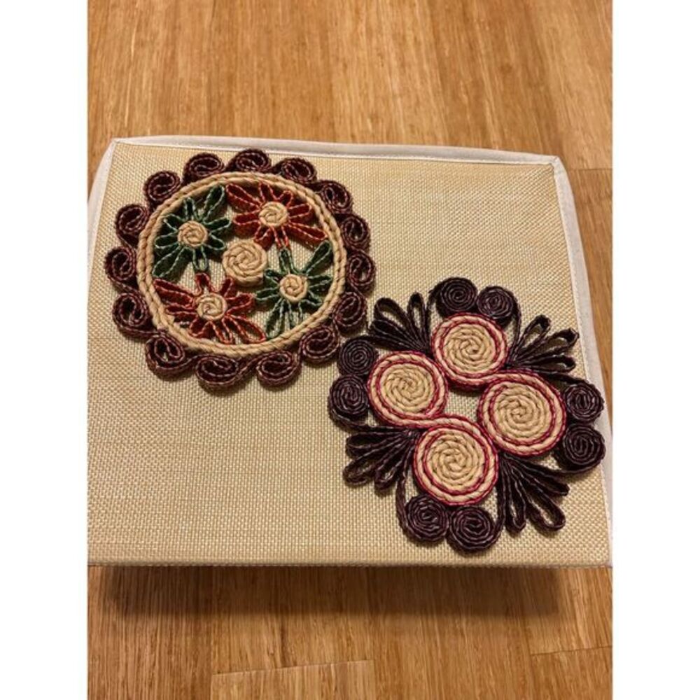 Vintage pair of boho straw coiled trivets hot pad folk art hostess gift dining